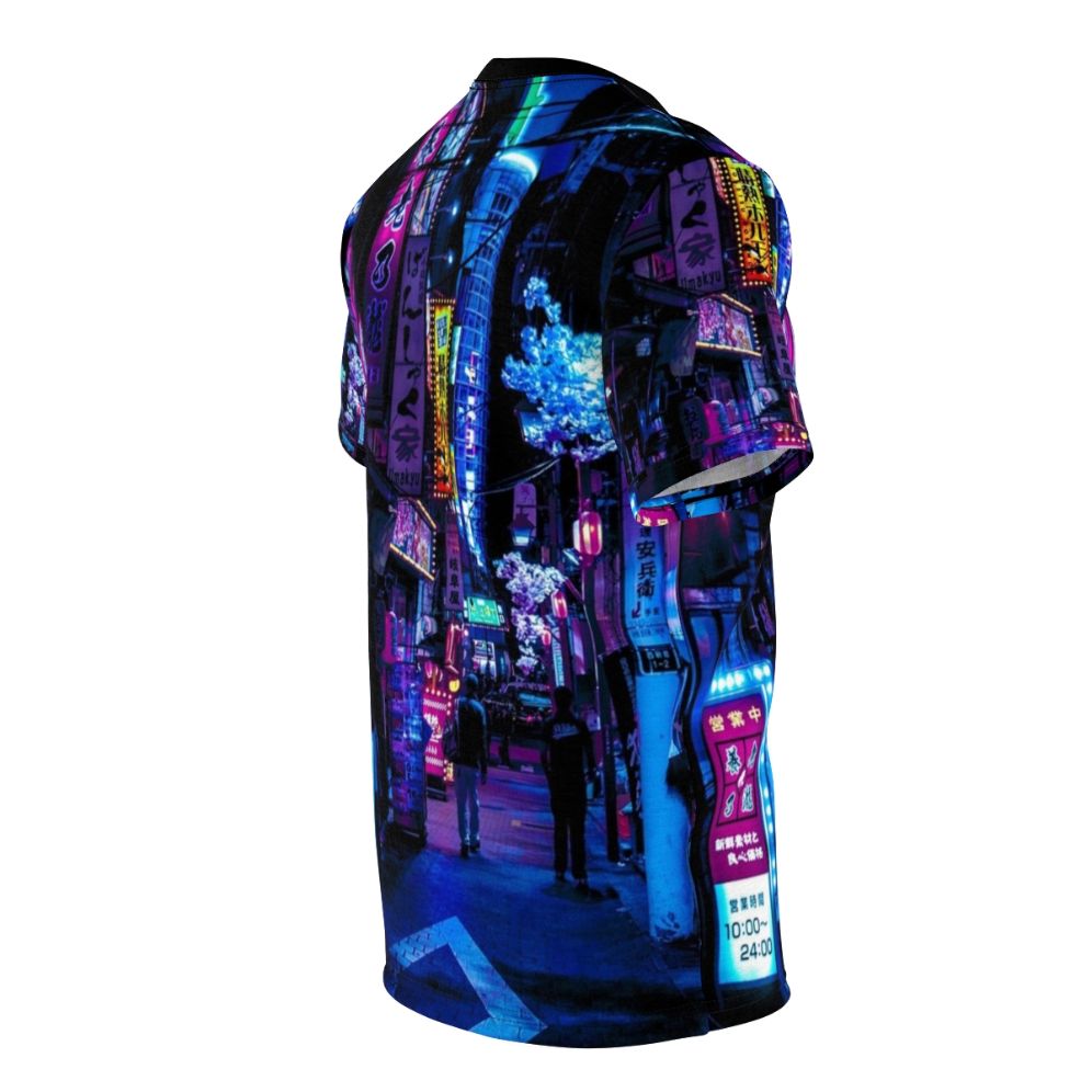 Cyberpunk-inspired t-shirt with a neon graphic of an alley in Tokyo, Japan. - men right