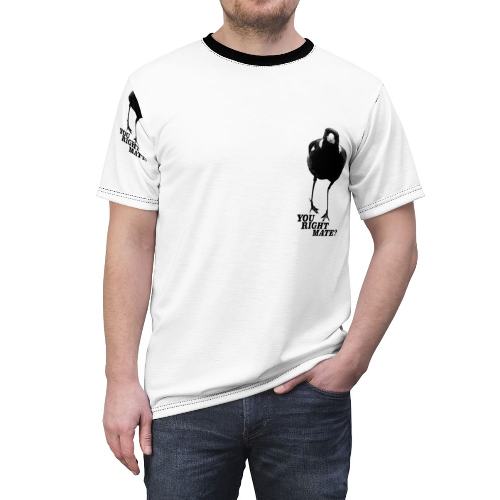 Graphic tee featuring a magpie with the text "Magpie Season" for Australian birdwatchers. - men front