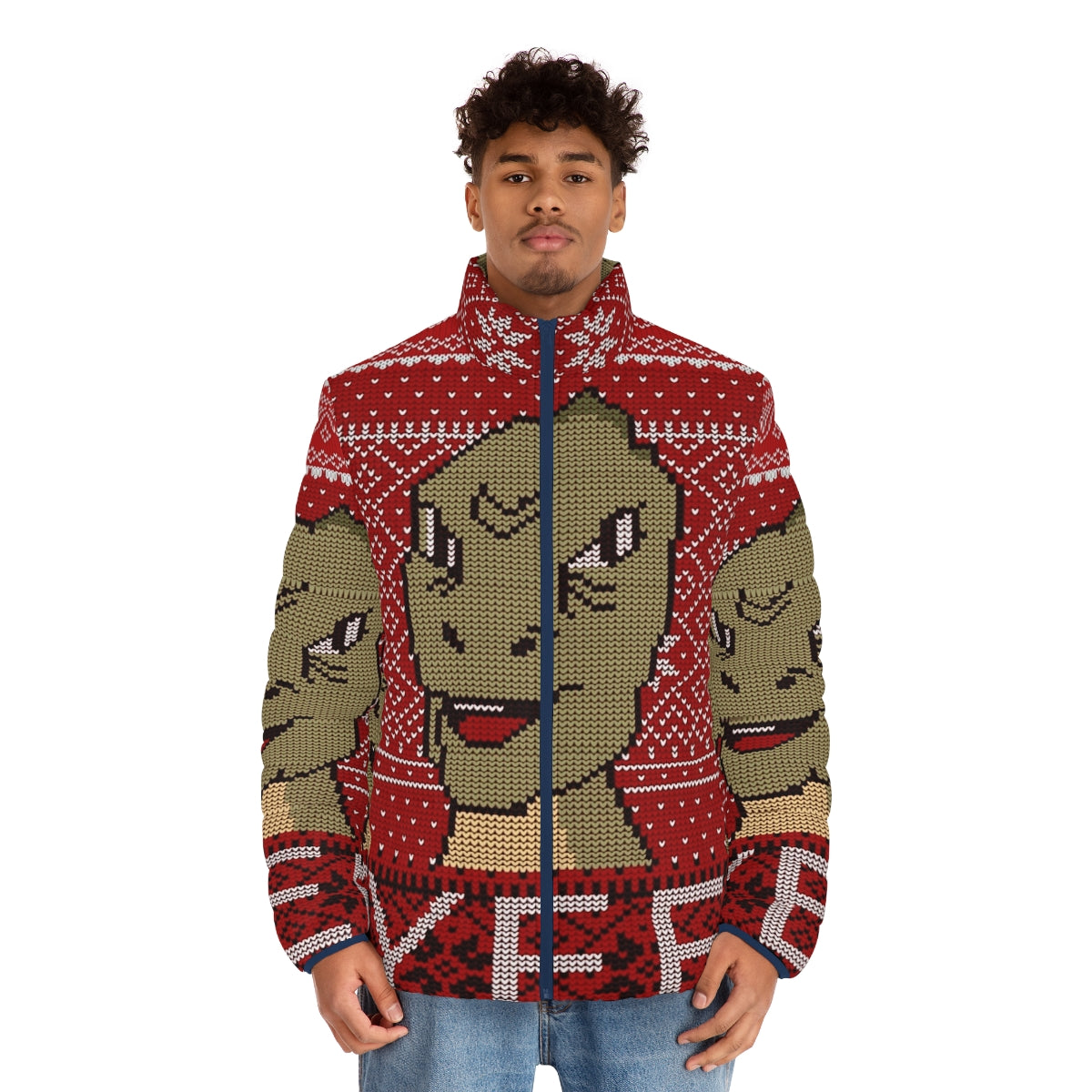 Yee Ugly Christmas Puffer Jacket featuring a dinosaur meme design - men front