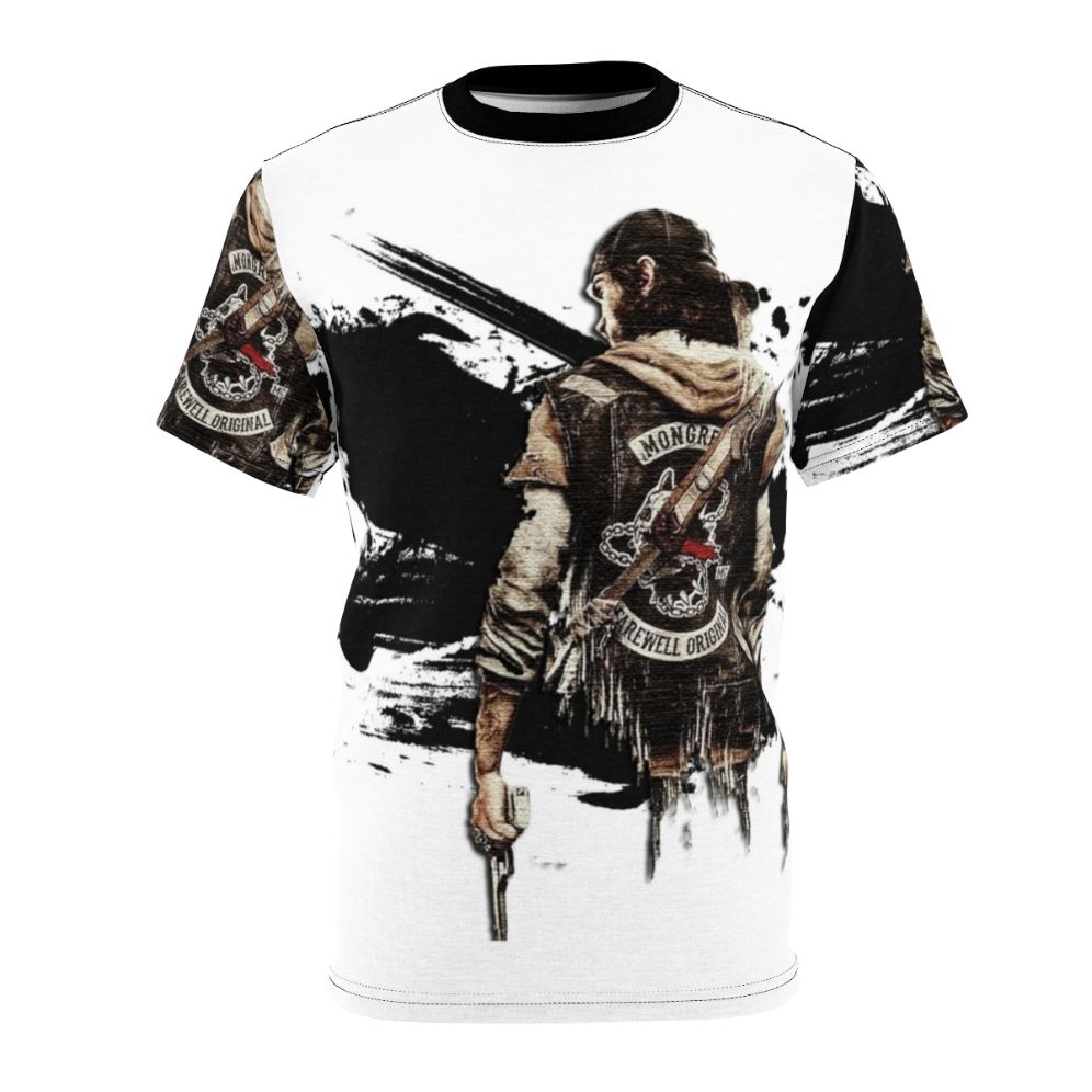 Stylized all-over-print t-shirt featuring the post-apocalyptic setting and characters from the video game Days Gone