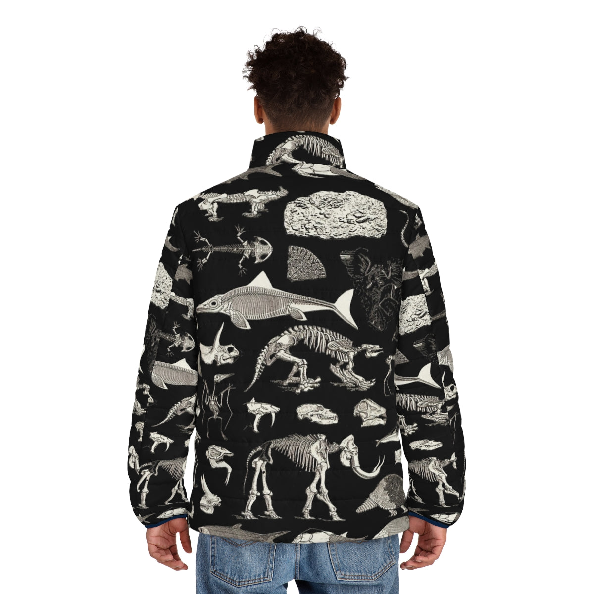 Paleontology puffer jacket featuring fossil illustrations - men back