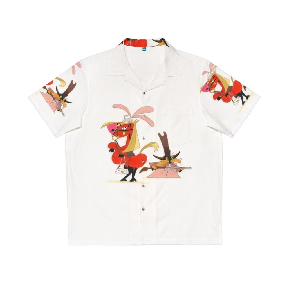 Illustration of horses and marmots in a wild west setting on a Hawaiian shirt