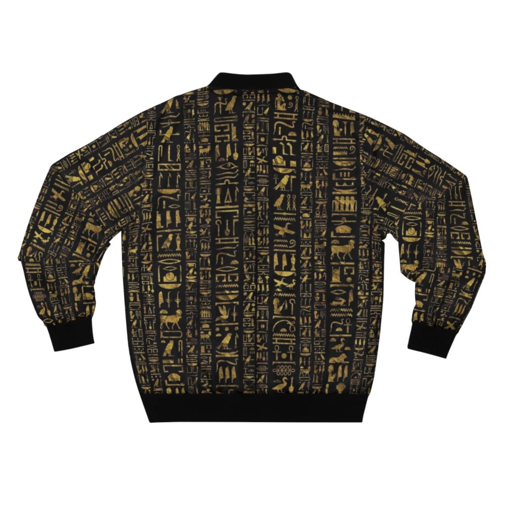 Vintage Egyptian hieroglyphs bomber jacket in black with gold accents - Back