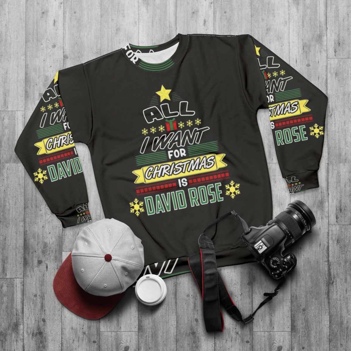 Schitt's Creek Christmas Tree Sweatshirt featuring the Rose family - flat lay