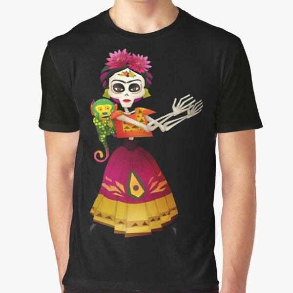 Frida Kahlo Graphic T-Shirt featuring Mexican cultural elements like skeletons, guitars, and Dia de los Muertos imagery