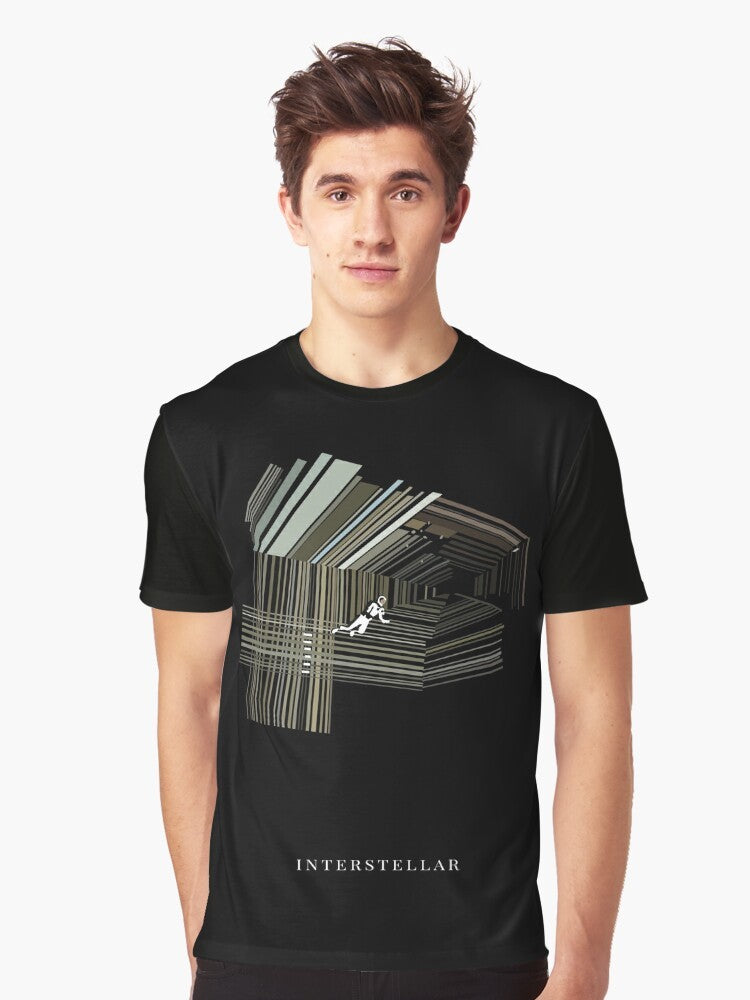 Interstellar Galaxy Graphic T-Shirt featuring a cosmic design with stars, planets, and spacecraft - Men