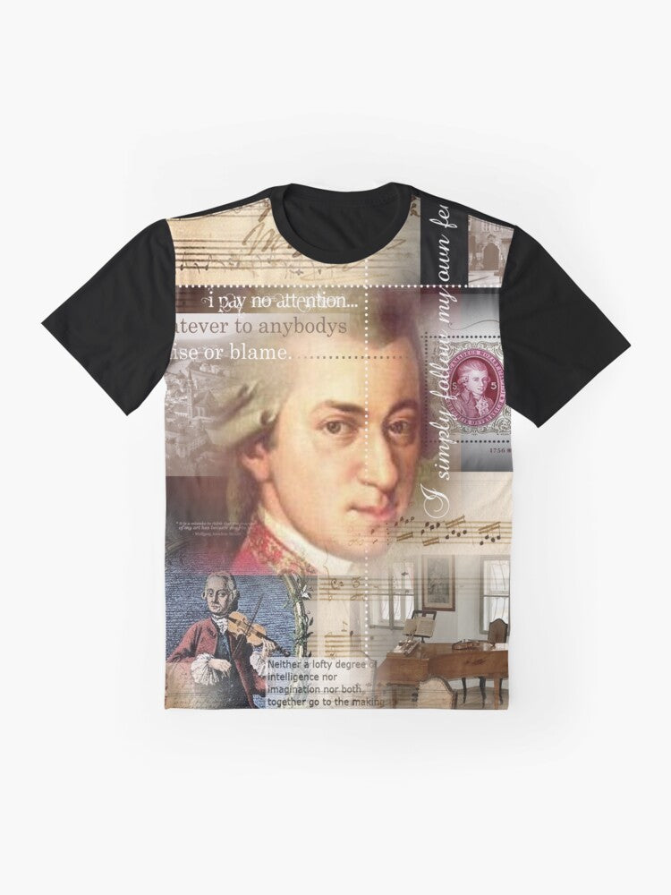 Mozart graphic t-shirt featuring the portrait of the renowned classical composer - Flat lay