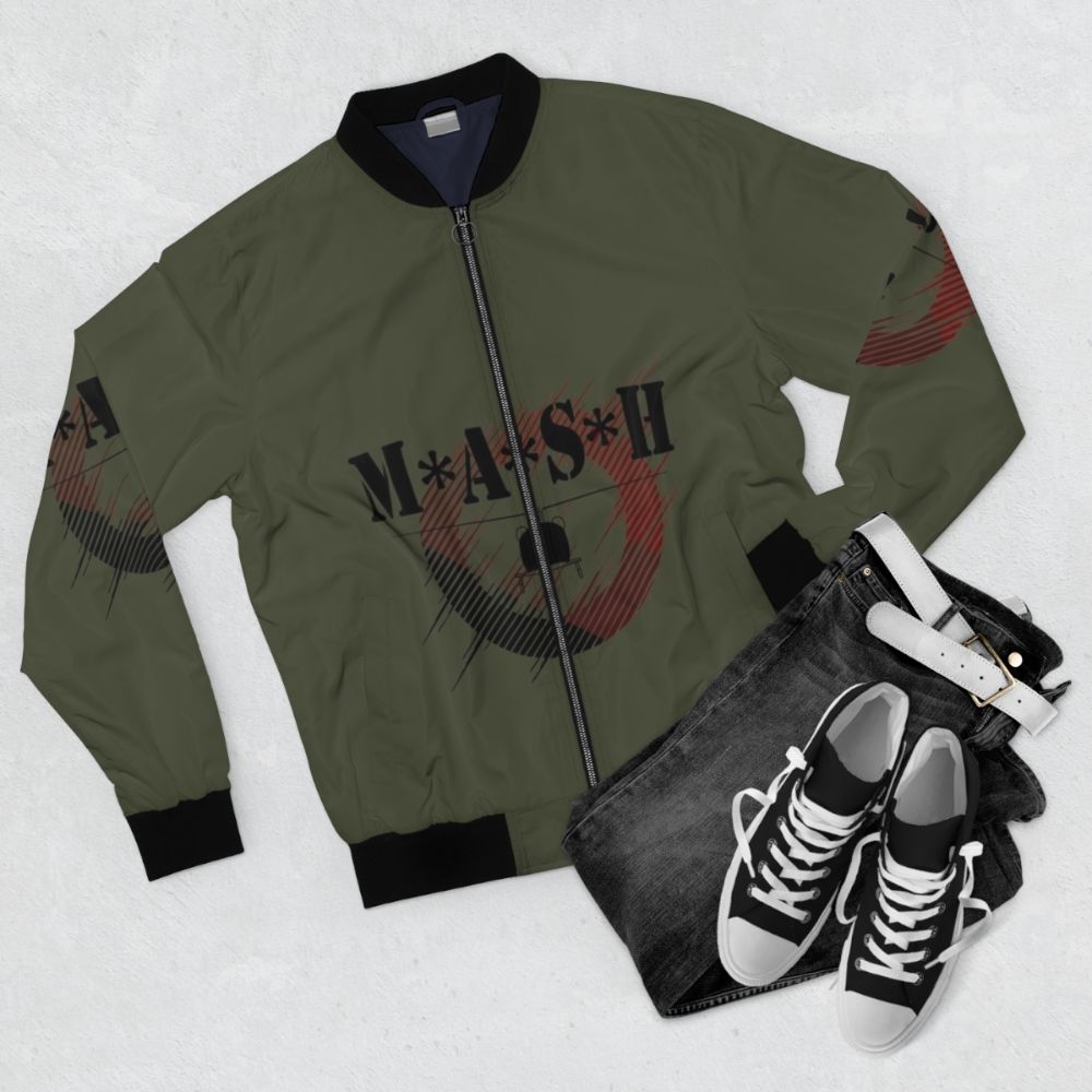 Vintage-style M*A*S*H bomber jacket with military and medical imagery - Flat lay