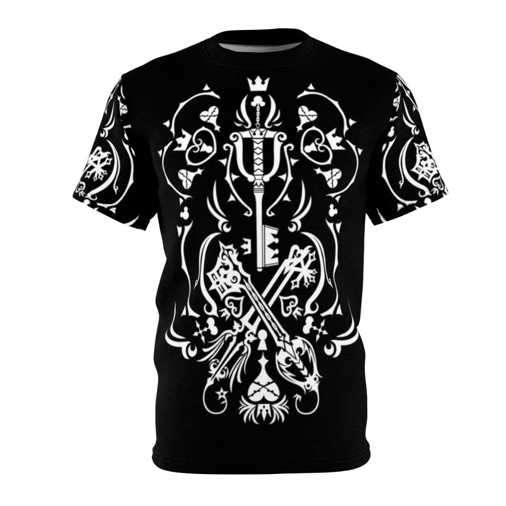 Black all-over-print t-shirt featuring Kingdom Hearts inspired design for anime and video game fans