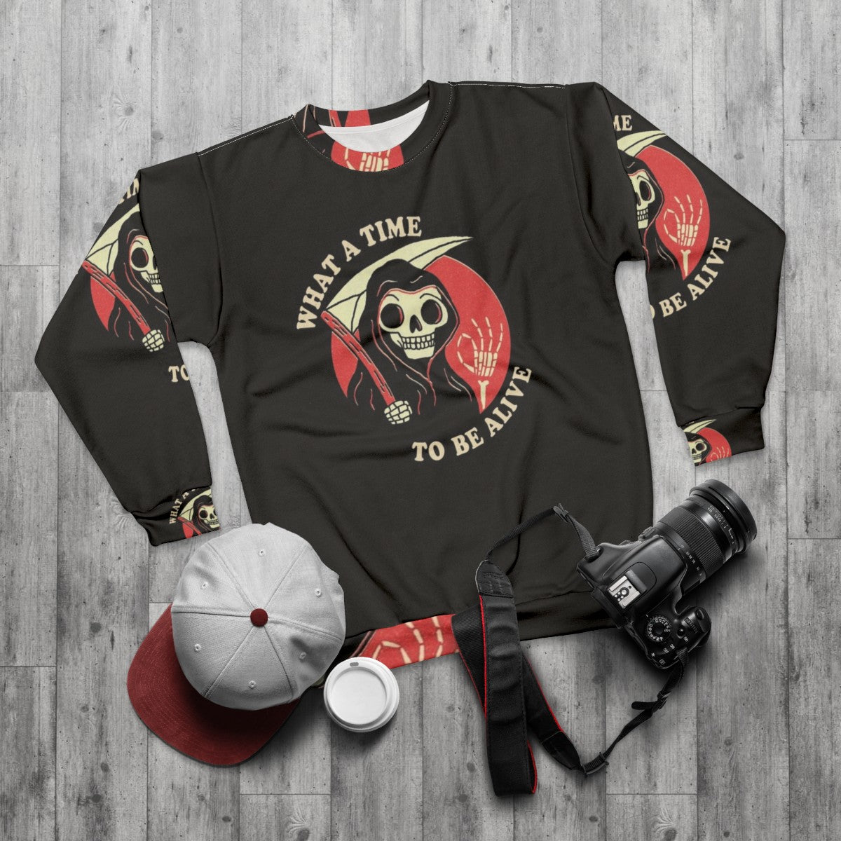 "What A Time To Be Alive" Grim Reaper Character Sweatshirt - flat lay