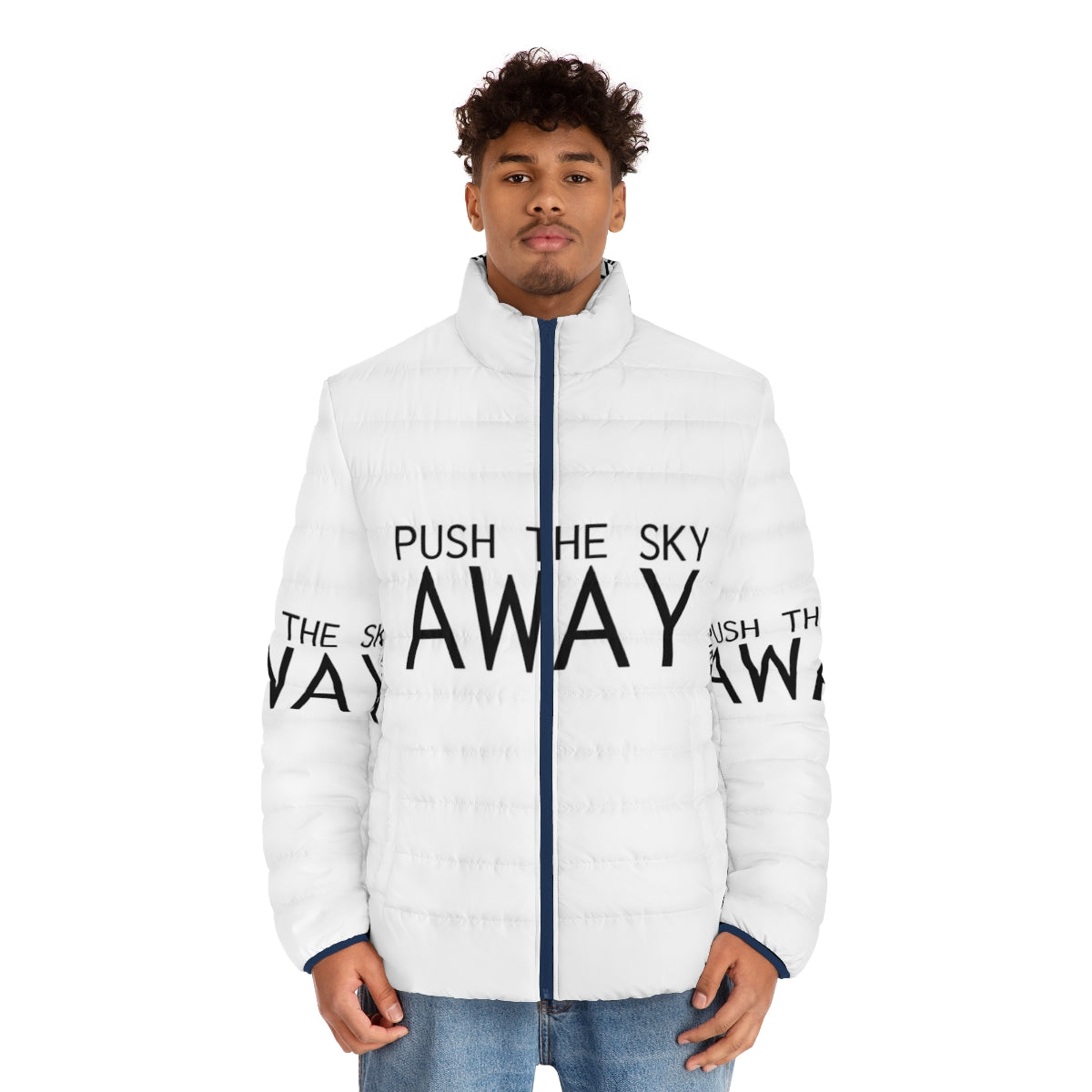 Puffer jacket with "Push The Sky Away" Nick Cave inspirational quote - men front