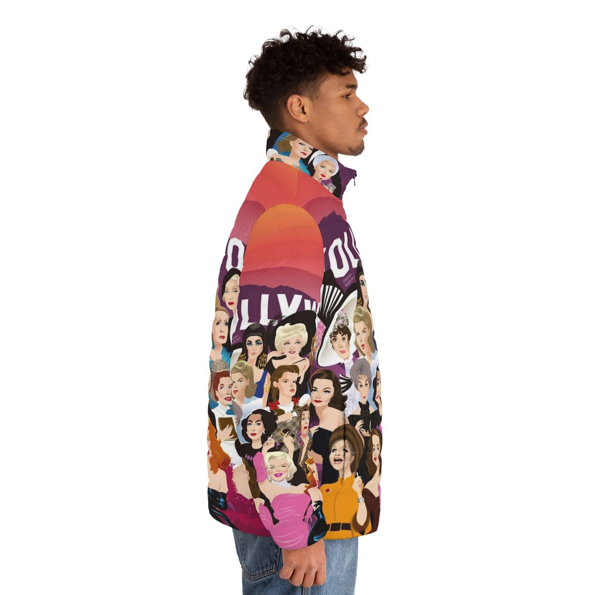 Luxurious puffer jacket with Alejandro Mogollo's Hollywood-inspired art - men side right