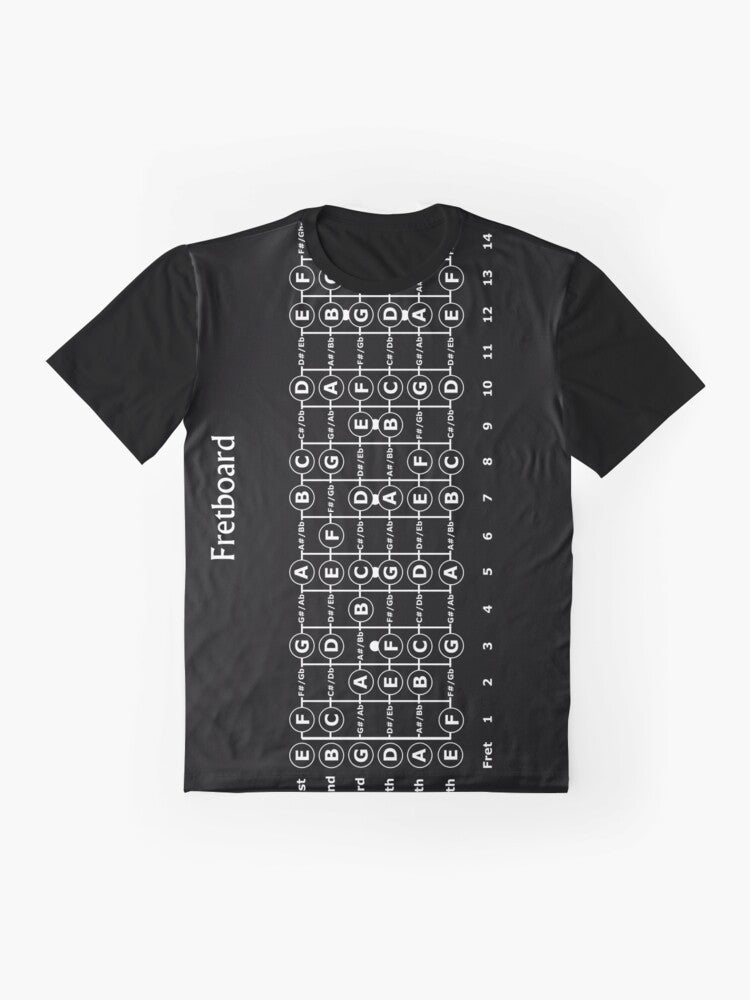 A black and white graphic t-shirt featuring a vertical guitar fretboard design, perfect for music lovers and guitarists. - Flat lay