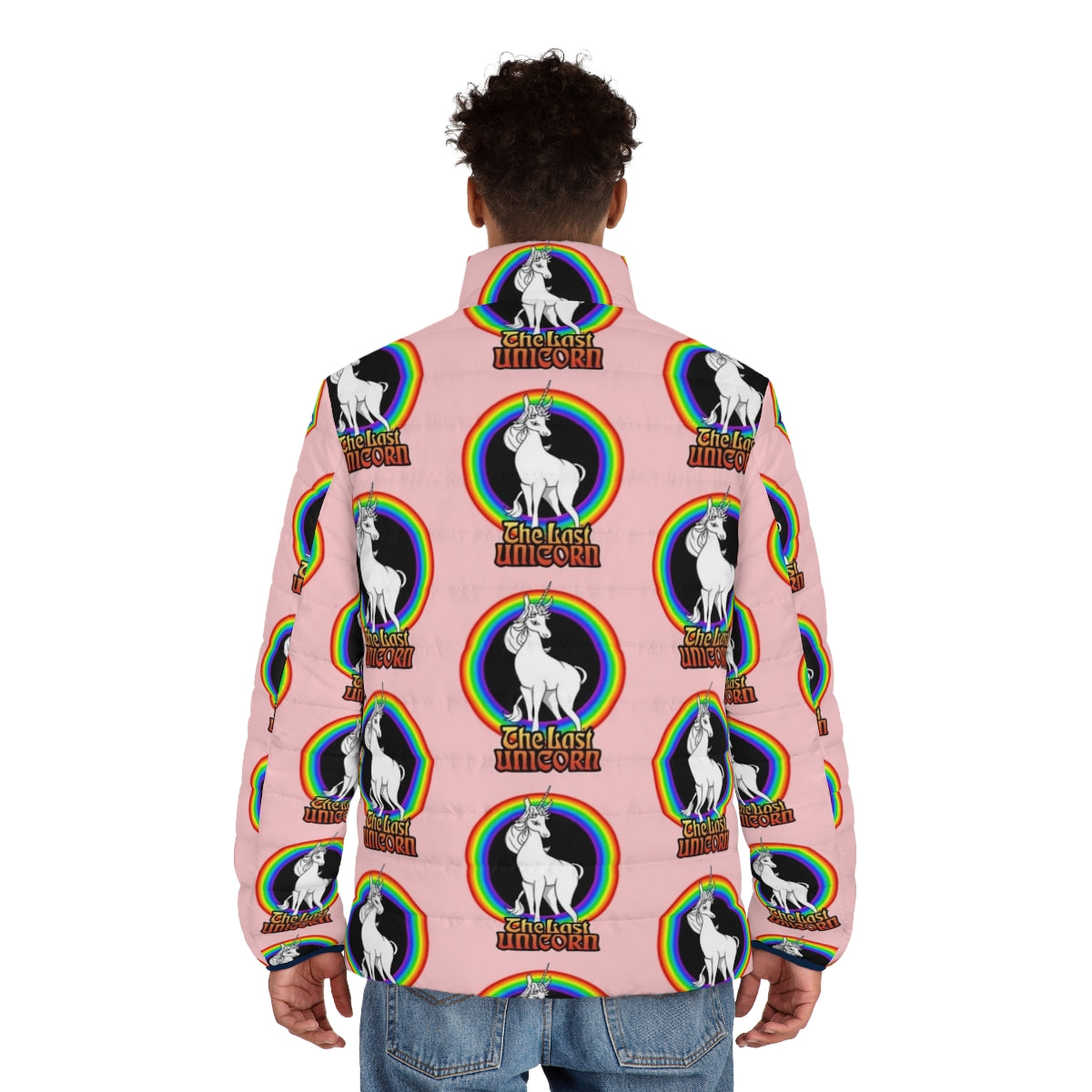 The Last Unicorn Rainbow Puffer Jacket featuring a magical mythical unicorn - men back