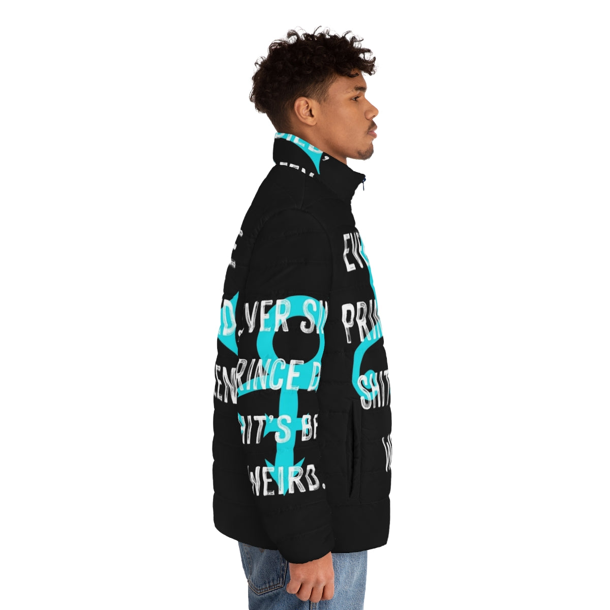 The Artist Music Quote Puffer Jacket featuring a stylish design and musical quotes - men side right