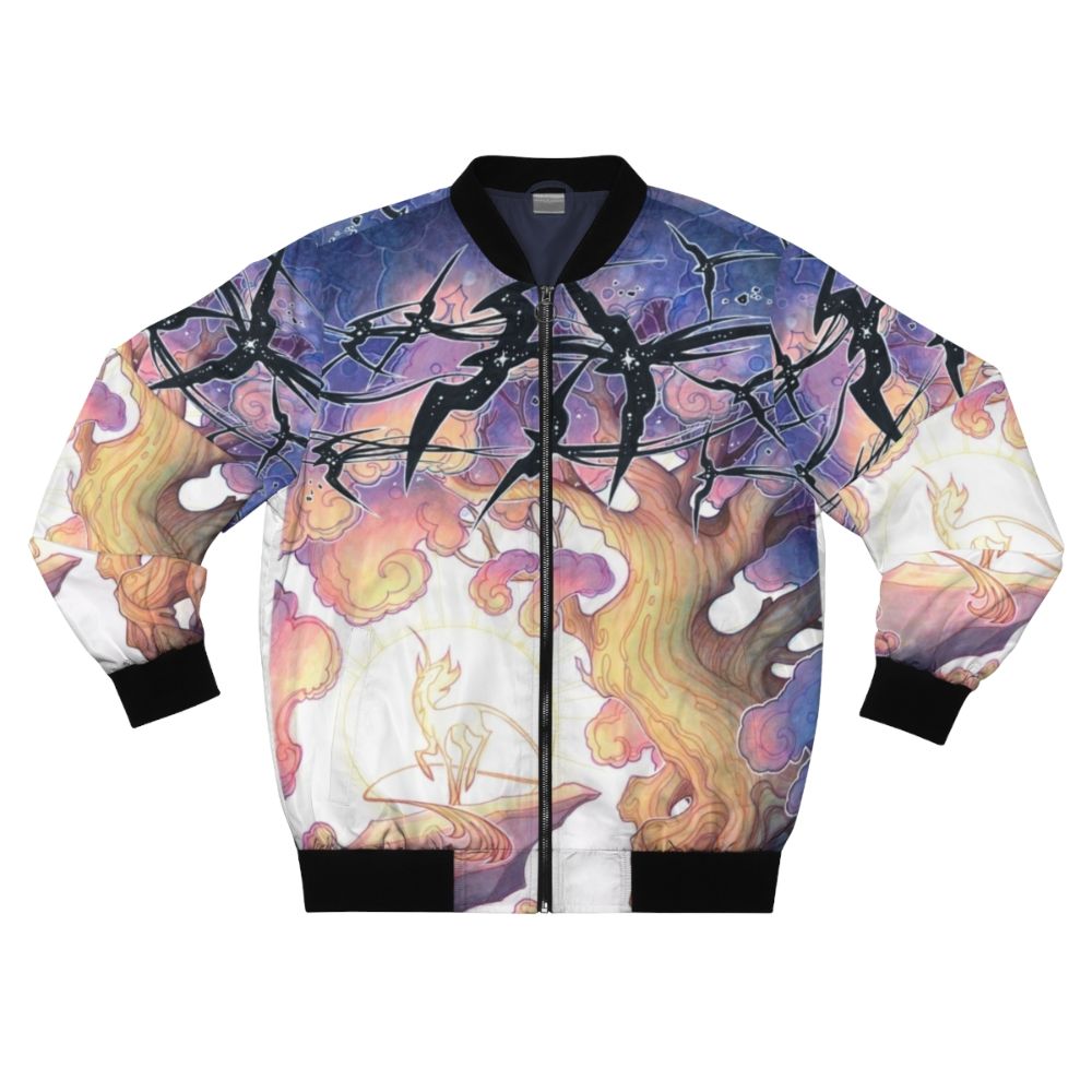 Nightsky fantasy bomber jacket with stars, birds, and other fantasy elements