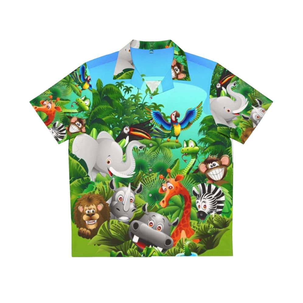 Vibrant Hawaiian shirt featuring a cartoon print of wild animals like elephants, lions, and monkeys in a lush jungle setting