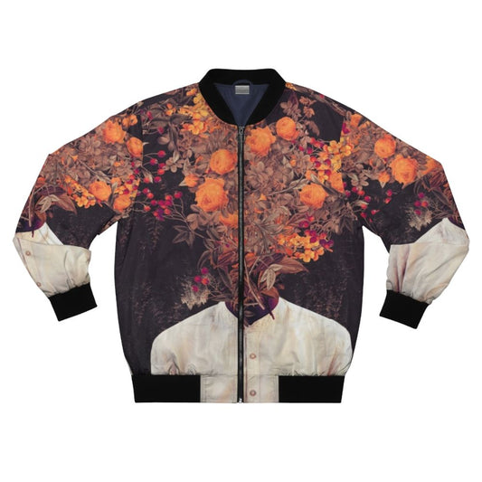 Vintage-inspired floral bomber jacket with a surreal, collage-style design.