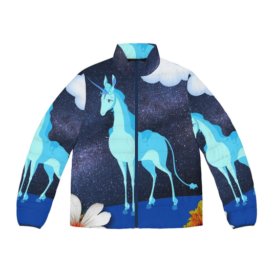 A white unicorn standing in the moonlight, wearing a magical moon puffer jacket