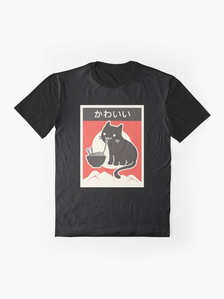 Vintage style graphic t-shirt featuring a kawaii ramen cat design in Japanese anime style - Flat lay