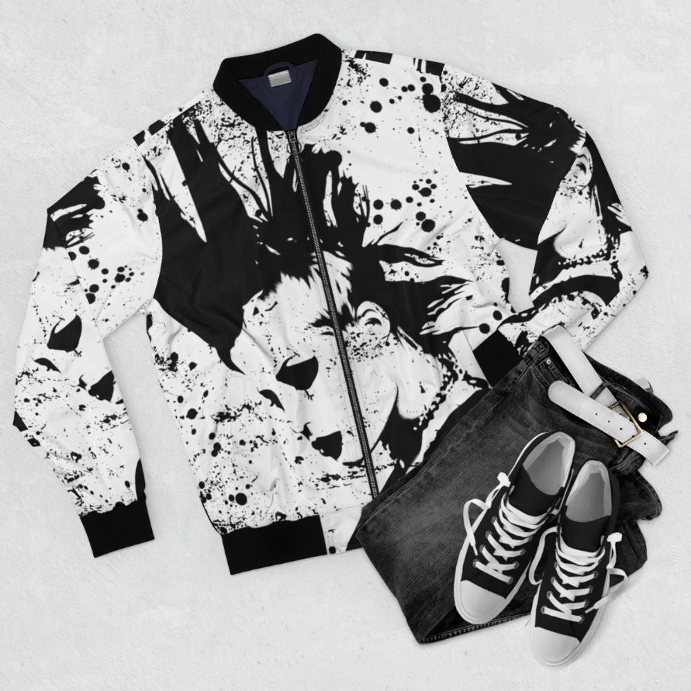 Brody Dalle inspired bomber jacket with punk rock and metal music design elements - Flat lay