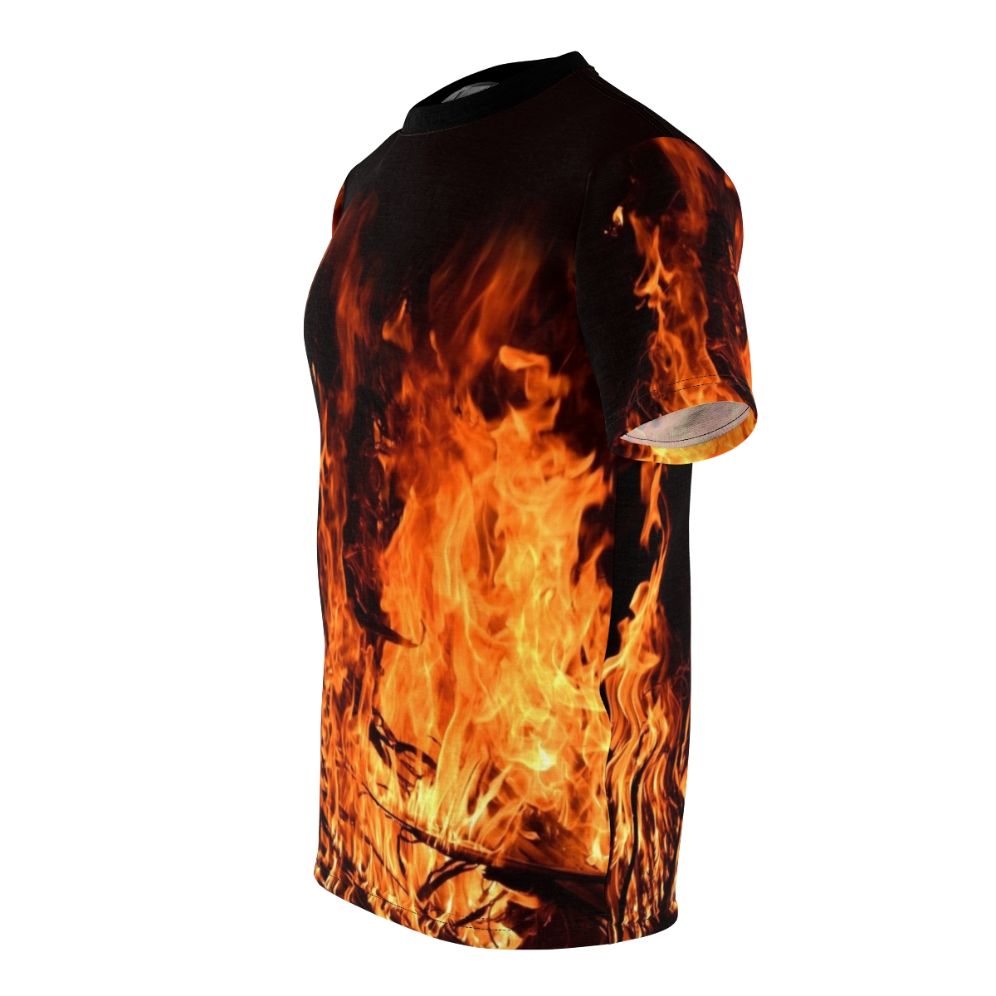 Fiery flames at night campfire graphic t-shirt - men left