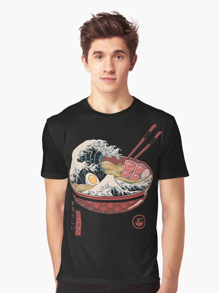 Graphic t-shirt depicting the iconic "The Great Wave off Kanagawa" design with ramen noodles - Men