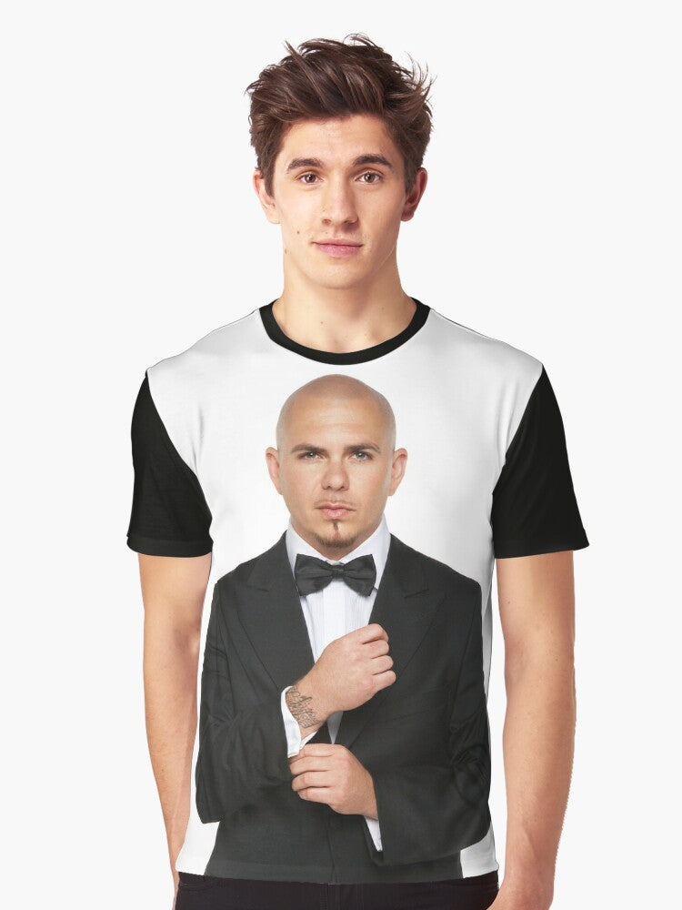 Man wearing a t-shirt with the "Mr Worldwide" graphic design featuring Pitbull - Men