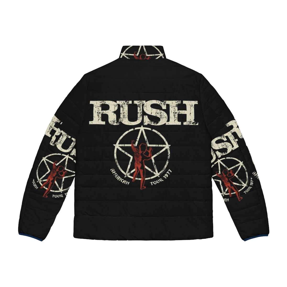 Rush band logo on retro-style puffer jacket for music fans - Back