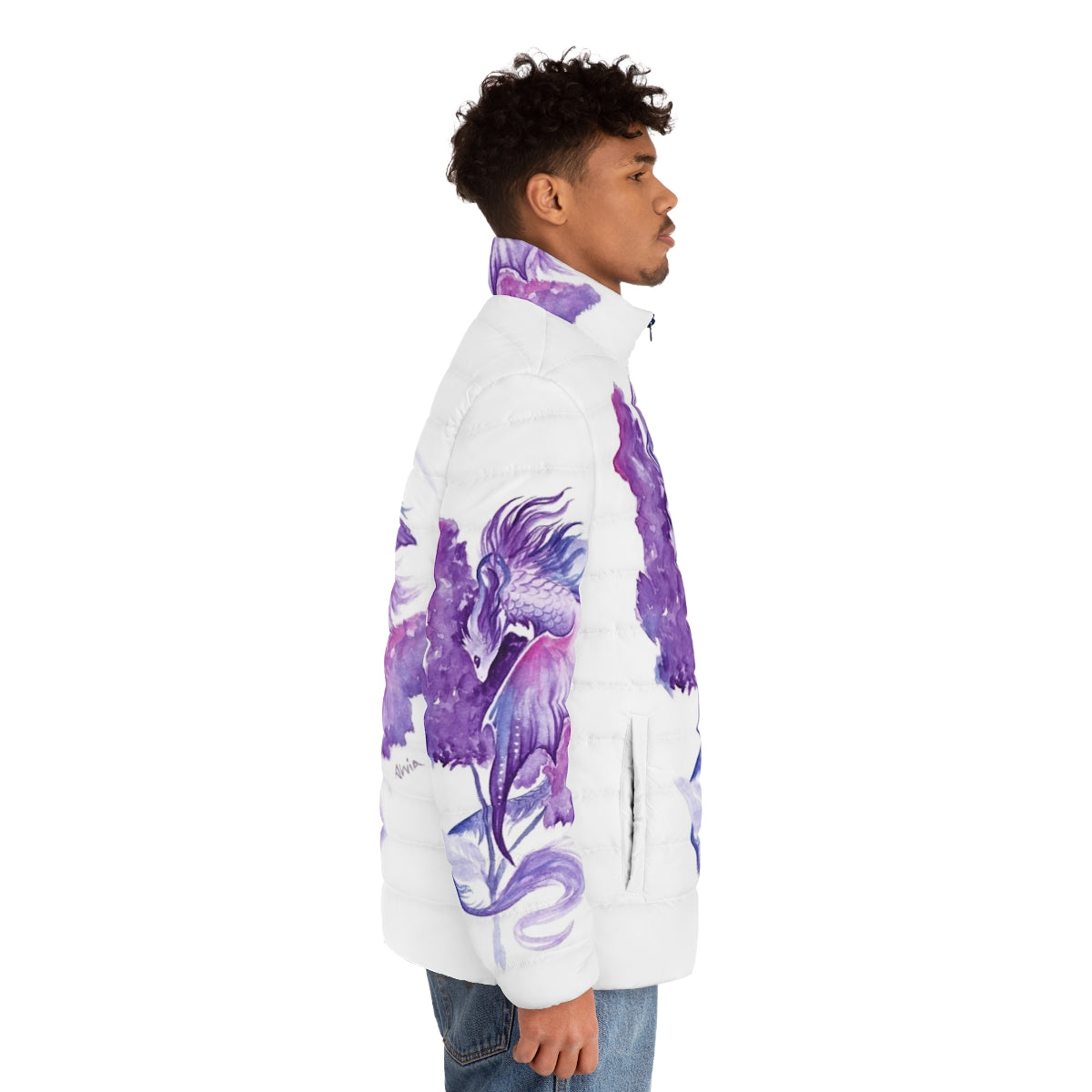 Lilac Dragon Puffer Jacket with magical, nature-inspired design - men side right