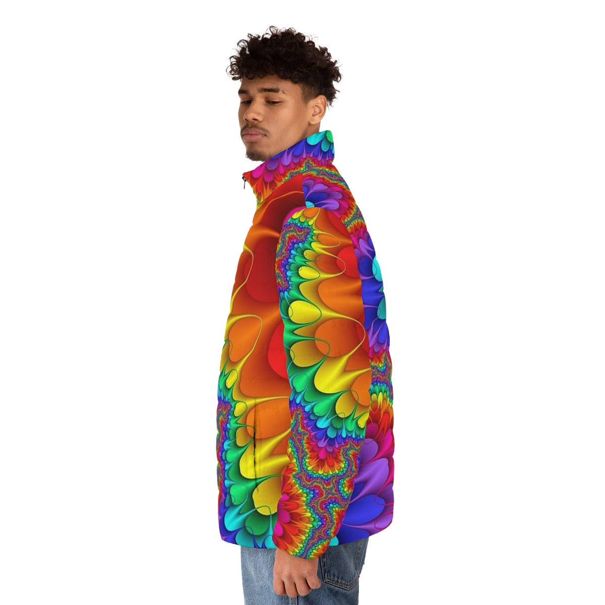 Psychedelic rainbow puffer jacket with vibrant colors and patterns - men side left