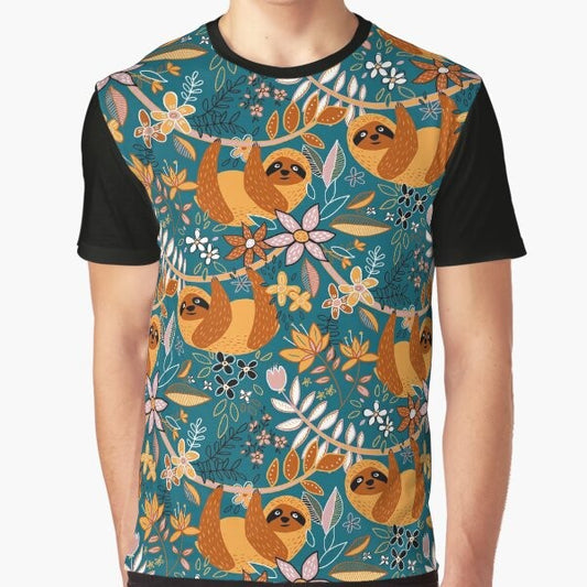 A happy, boho-style graphic t-shirt featuring a sloth surrounded by colorful floral patterns in teal, orange, brown, and blush.