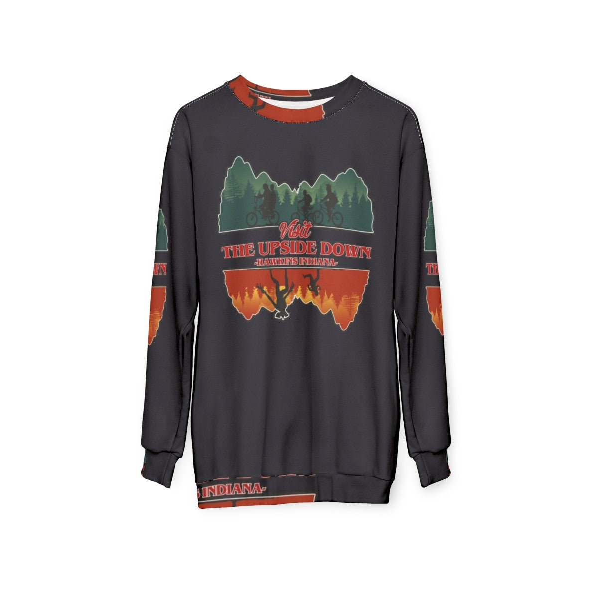 Upside down stranger things retro style sweatshirt with demogorgon design - hanging