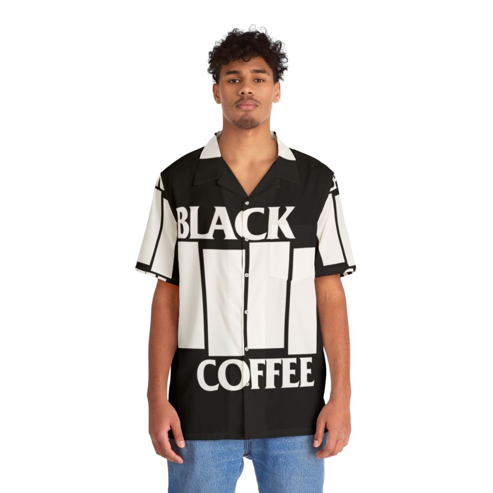 Black coffee-themed Hawaiian shirt with music and metal design - People Front