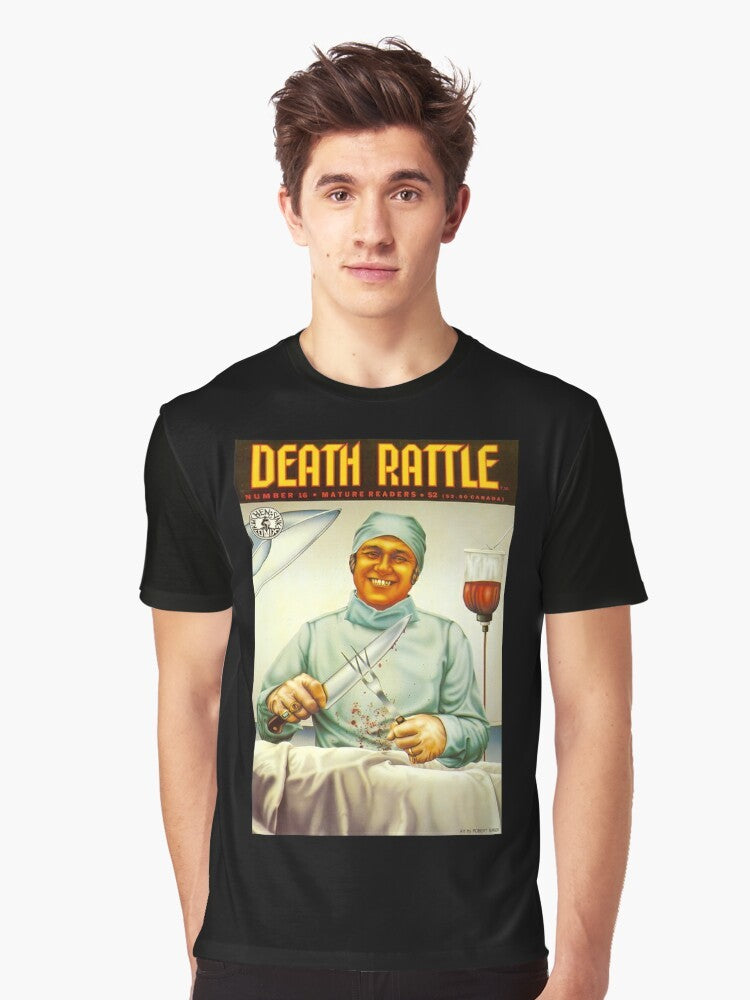 Vintage underground comic cover art "Death Rattle #16" horror graphic t-shirt design with blood, death, and monsters - Men