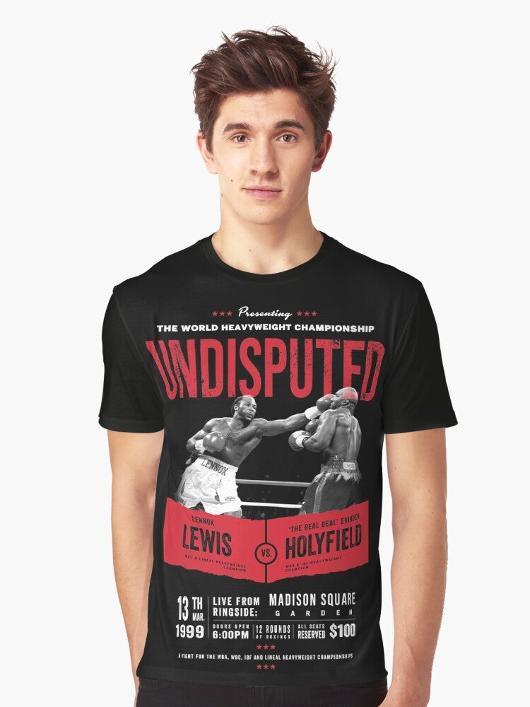 Graphic t-shirt design featuring Lennox Lewis and Evander Holyfield, the undisputed heavyweight boxing champions. - Men