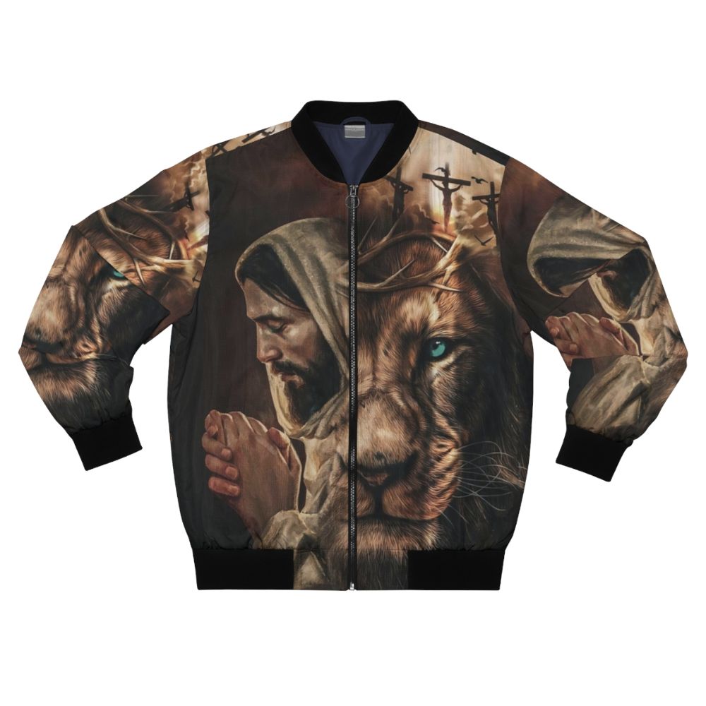 A stylish bomber jacket featuring the text "Jesus Pray and the Lion of Judah"