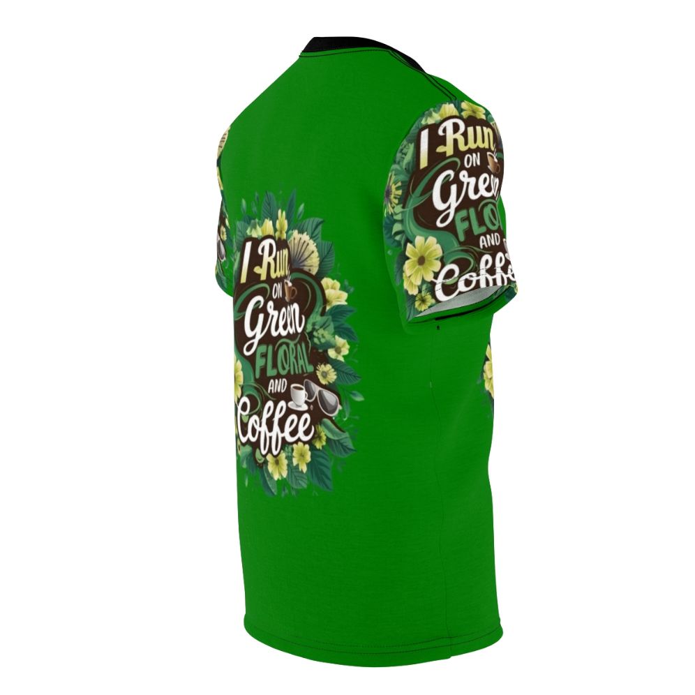 An all-over print t-shirt featuring a vibrant green floral and coffee design. - men right