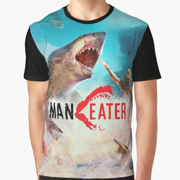 A graphic t-shirt featuring a shark hunting design, perfect for fans of the Maneater game and shark enthusiasts.