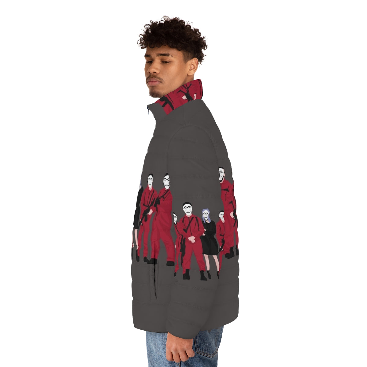 Stylish and Warm Money Heist Puffer Jacket with Vibrant Graphics - men side left