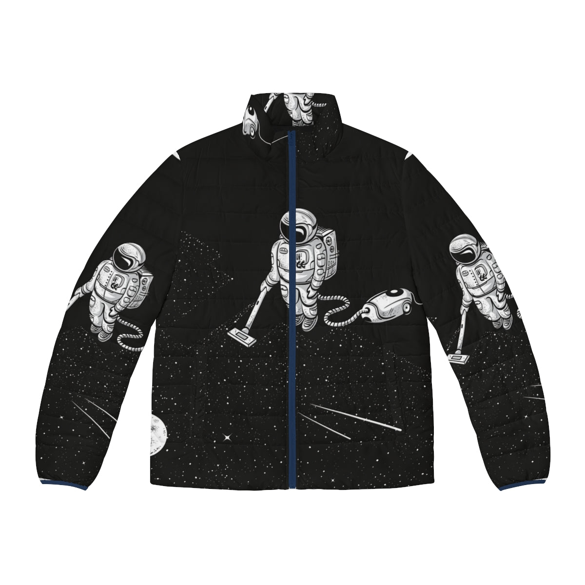 A colorful puffer jacket featuring a cute corgi in an outer space, cosmic design.