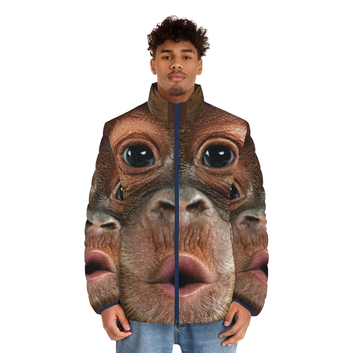 Puffer jacket featuring a hyper realistic baby orangutan monkey print design - men front