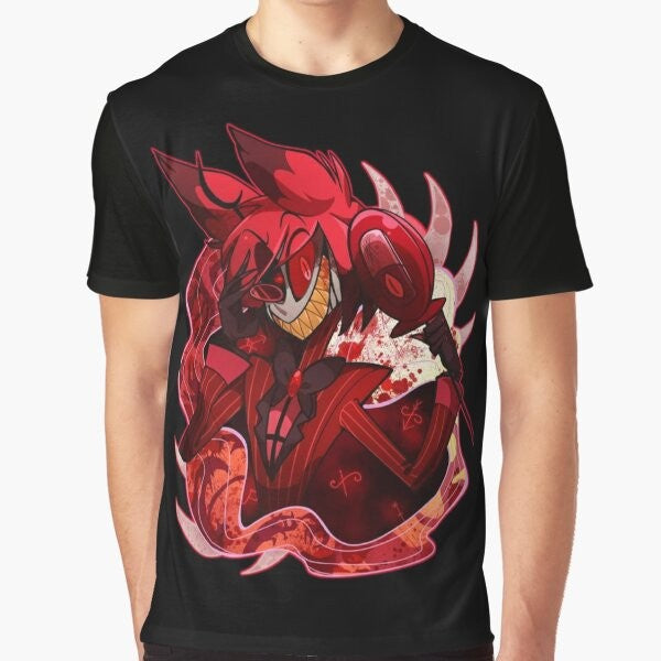 Hazbin Hotel Alastor graphic t-shirt design with the main character Alastor, the Radio Demon