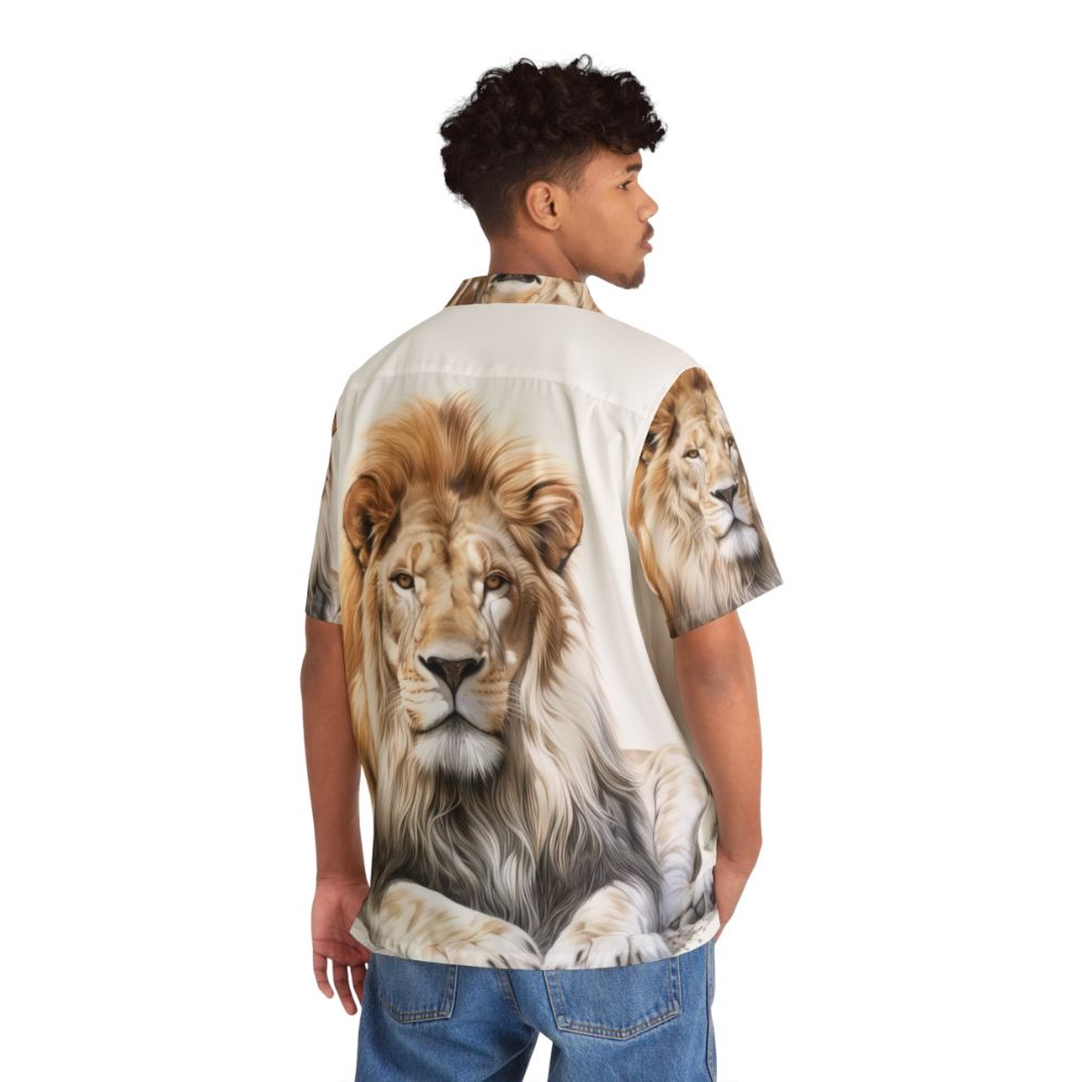 African lion relaxing on Hawaiian shirt design - Flat lay