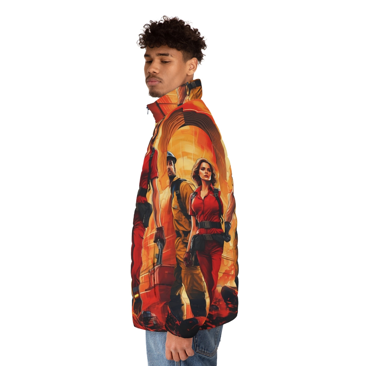 Stranger Things inspired puffer jacket with retro 80s design - men side left