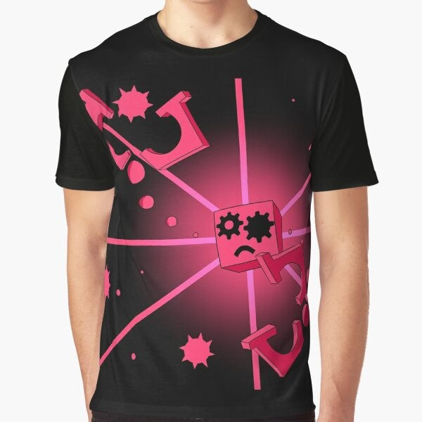 Close to Me graphic t-shirt featuring a cube design in pink and white colors, inspired by the video game Just Shapes and Beats