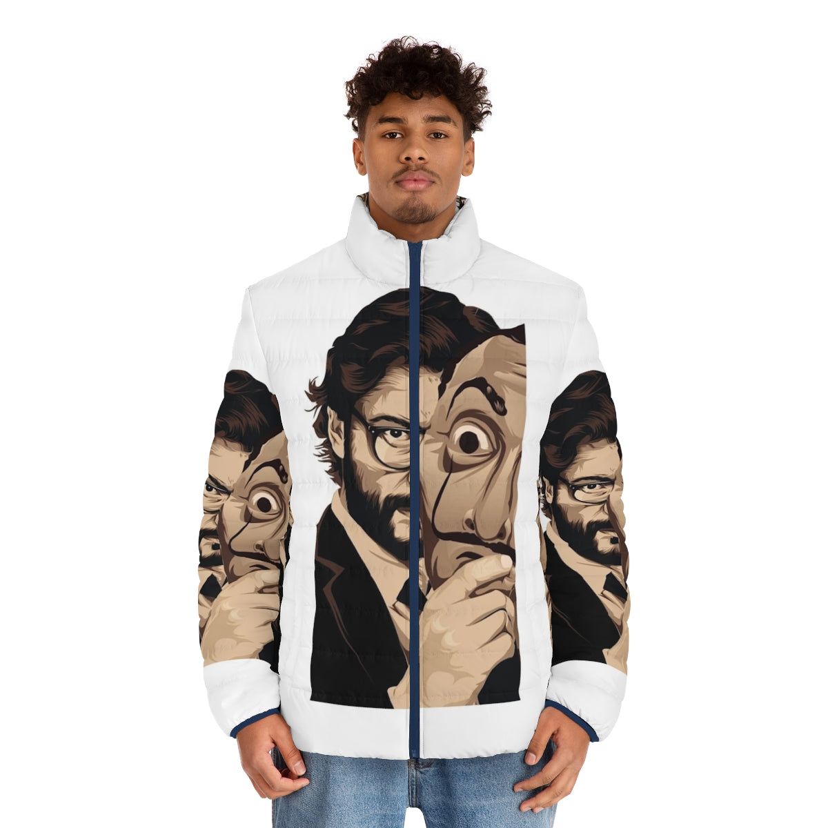 Money Heist Puffer Jacket featuring the iconic Professor character from the hit TV series - men front