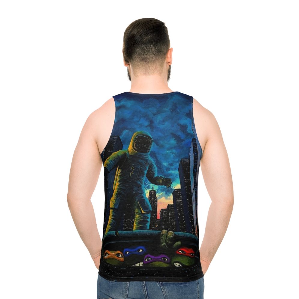 Sewer Surfers Unisex Tank Top featuring ninja turtles, space exploration, and urban landscape design - men back