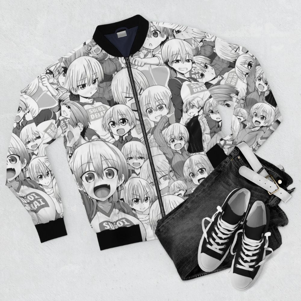 Uzaki-chan Collage Bomber Jacket - Anime-inspired Merchandise - Flat lay