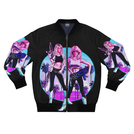 80s Miami-inspired bomber jacket with neon pink and blue palm tree design